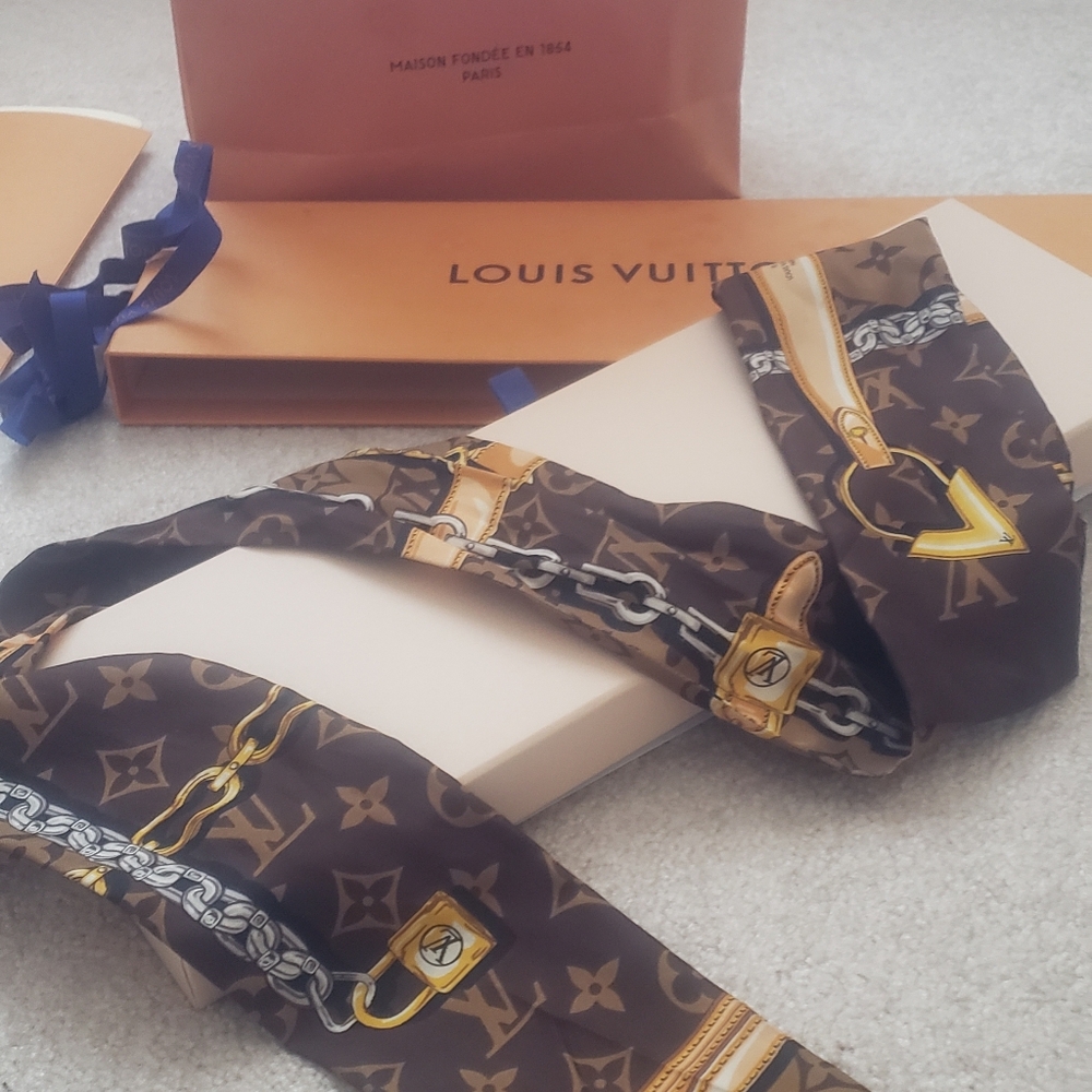 Louis Vuitton Monogram Scarf in Brown and Yellow,  LV Box and bag Included
